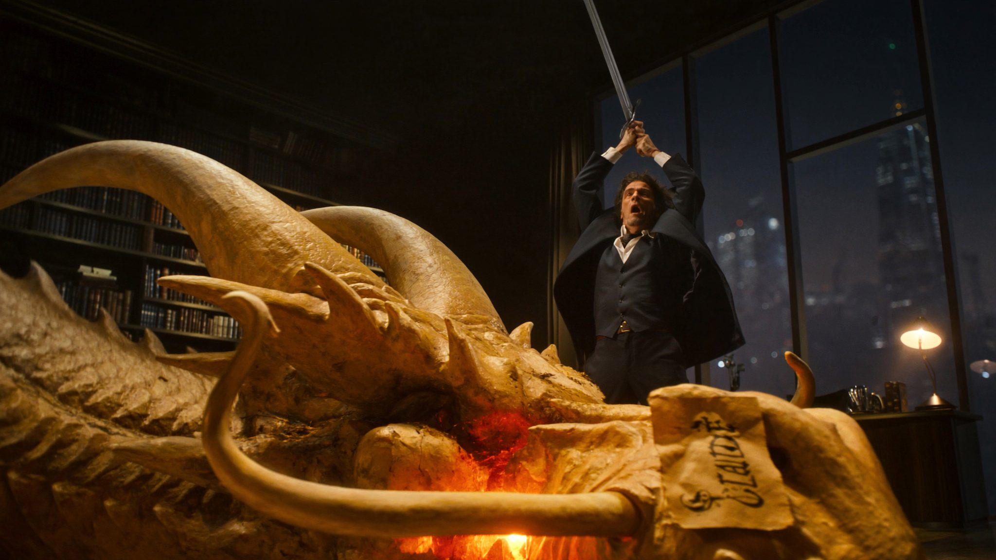 A man in a navy three-piece suit, bastard sword held aloft, standing over a massive defeated golden dragon. A heraldic banner across the dragon&rsquo;s snout reads CLAUDE in medieval blackletter calligraphy.