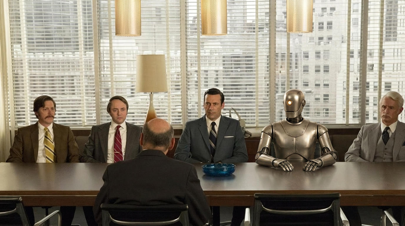 The Mad Men team in the conference room — a mid-century-styled humanoid robot seated at the table among them as another team member.
