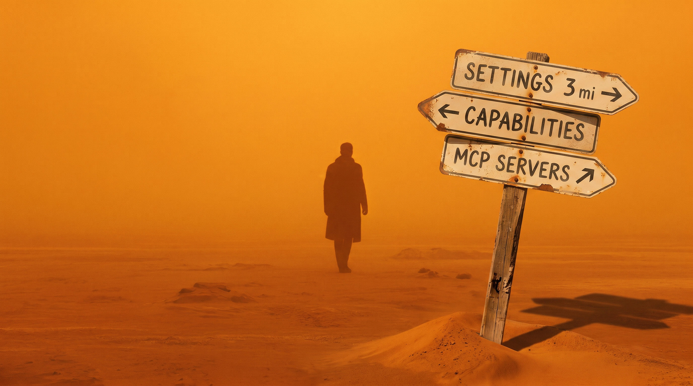 A man in a navy coat walks through an empty orange desert. A weathered roadside signpost in the foreground lists three confident directions &mdash; Settings, Capabilities, MCP Servers &mdash; with arrows pointing at empty wasteland.