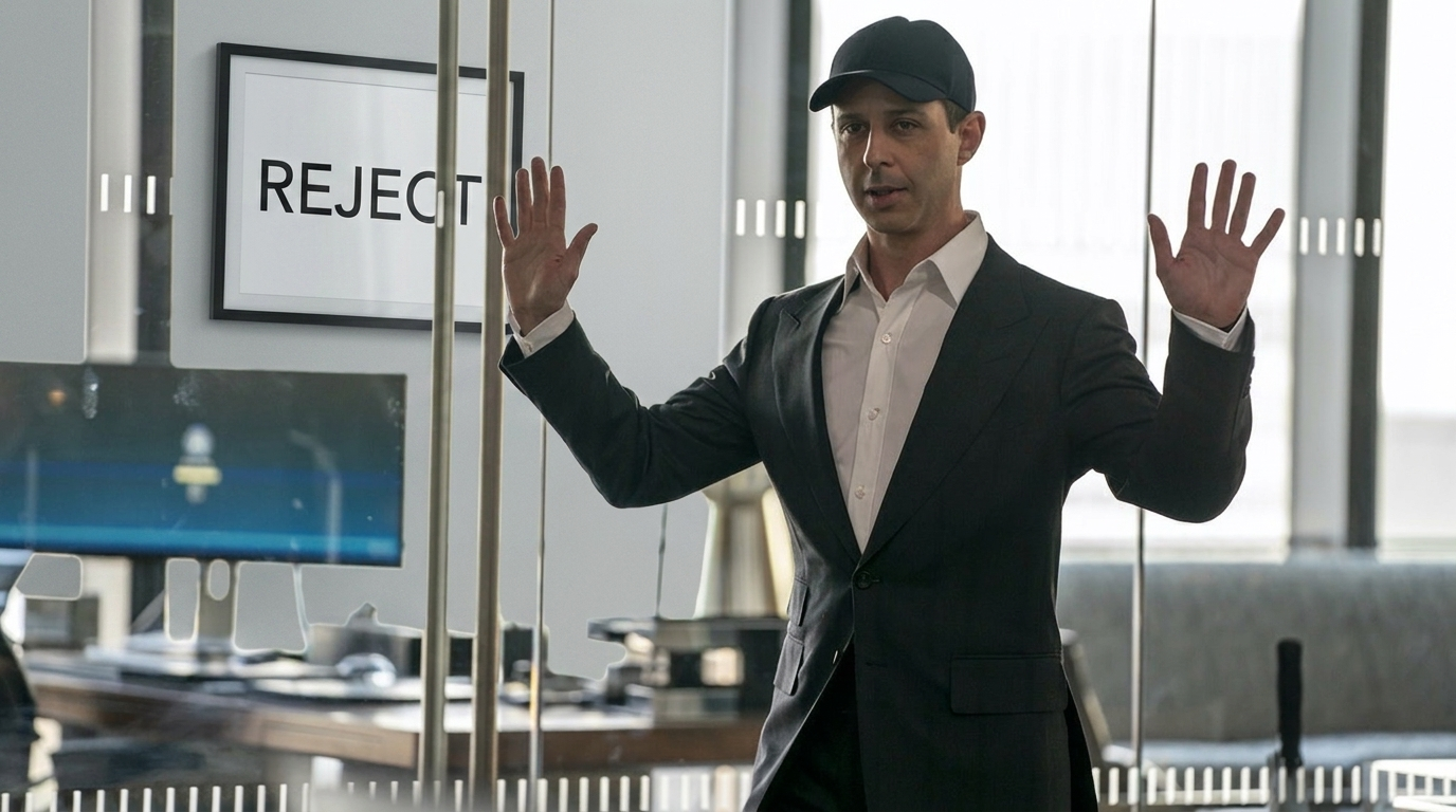 Kendall Roy from Succession — a framed REJECT sign hangs on the wall behind him.