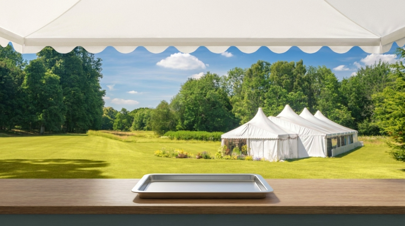 The Great British Bake Off tent — an empty silver baking tray sits on a central workstation bench.