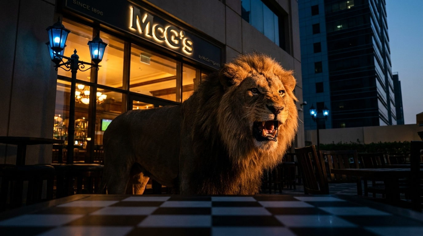 The McG&rsquo;s by McGettigan&rsquo;s terrace in Dubai &mdash; black-and-white checkerboard tile, ornate twin-lantern lampposts, the green pub signage above the door &mdash; with a full-grown male lion sat at one of the outdoor tables, mid-snarl, mane catching the golden light.