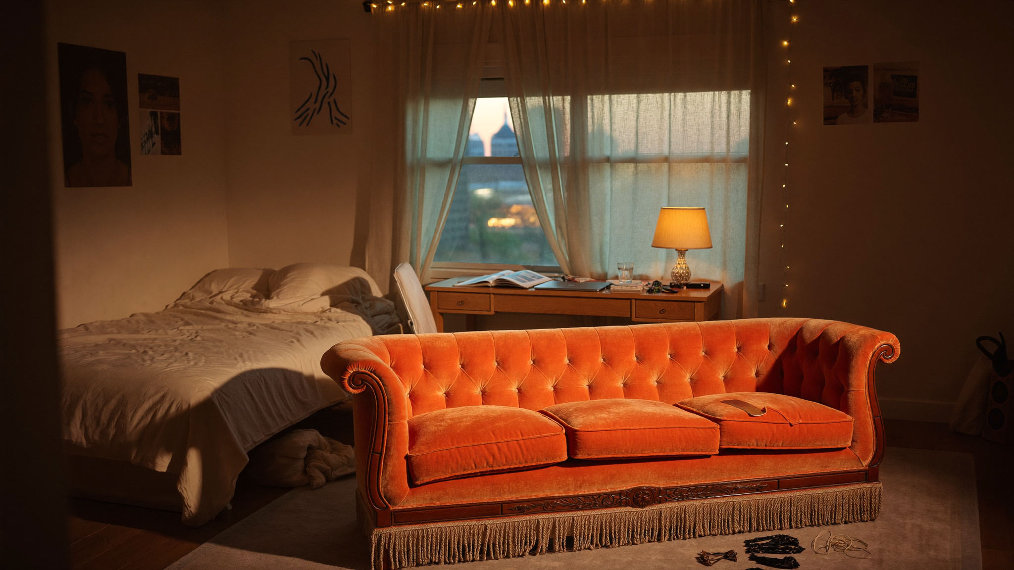 A Central Perk-style orange velvet couch, completely out of scale, dropped into a teenage girl&rsquo;s Dubai bedroom at dusk. Warm tungsten lamp on the desk, sheer curtains glowing with the last of the light. No people in the frame.