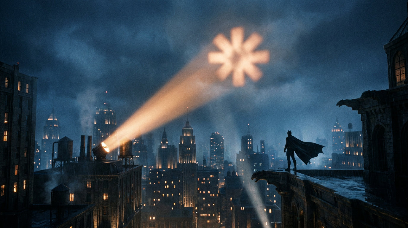Night over a Gotham-style skyline. A searchlight beam projects a glowing AI spark-mark into the clouds like a bat-signal while a lone caped figure watches from a rooftop.