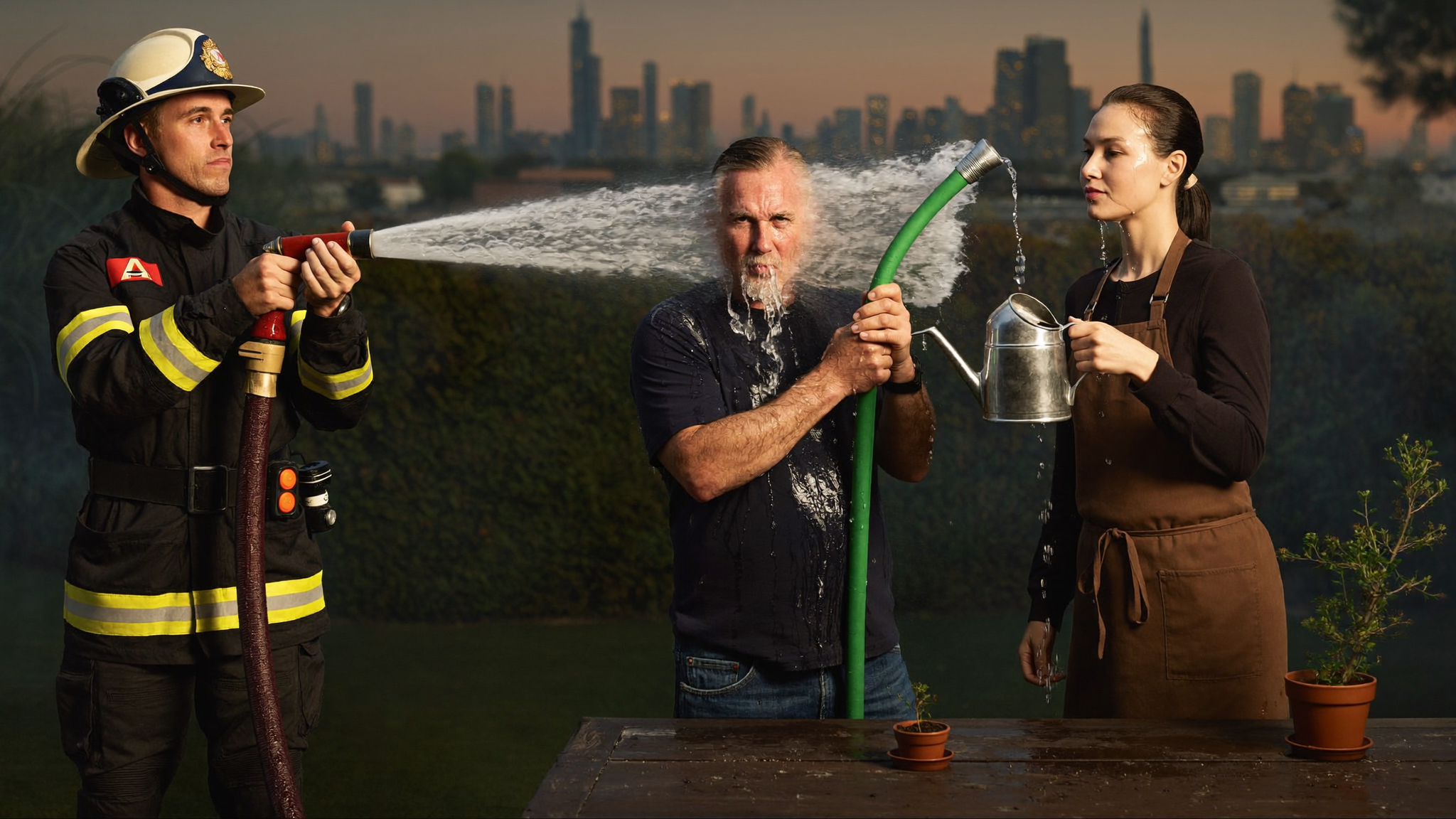 A firefighter blasts a fire hose into a gardener's face; the soaked gardener calmly sprays a garden hose at a woman; she tips a small watering can onto a single seedling &mdash; escalating overkill for a trivial task.