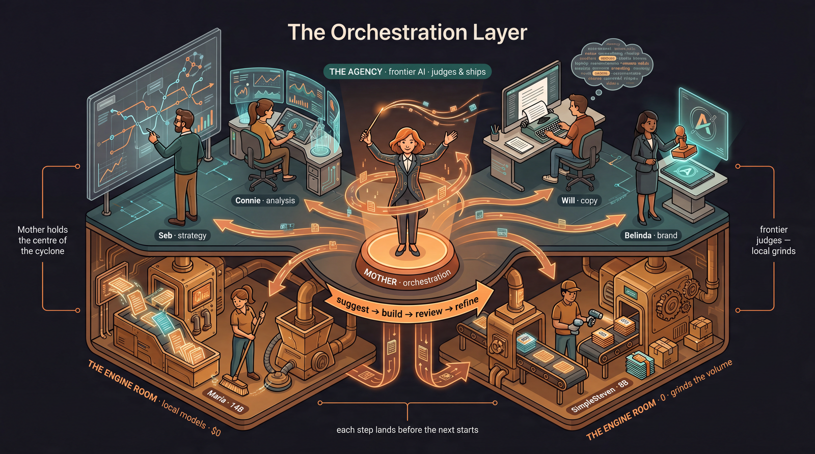 Isometric cutaway illustration of an AI studio: an orchestrator at the centre of a cyclone of work routes jobs up to 'the Agency' &mdash; frontier models doing judgement, copy, analysis and brand &mdash; and down to 'the Engine Room', small local models grinding the high-volume, repeatable work for nothing.