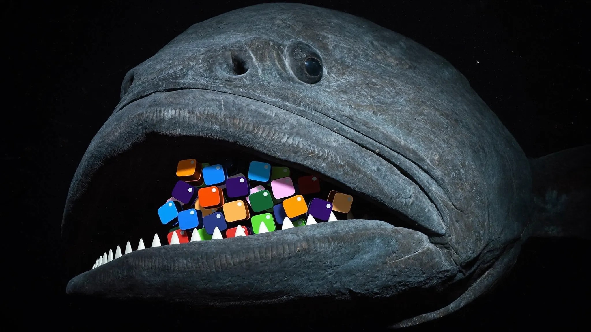 A giant prehistoric fish consuming a cluster of colourful AI tool app icons in its open jaw — dark cinematic background.