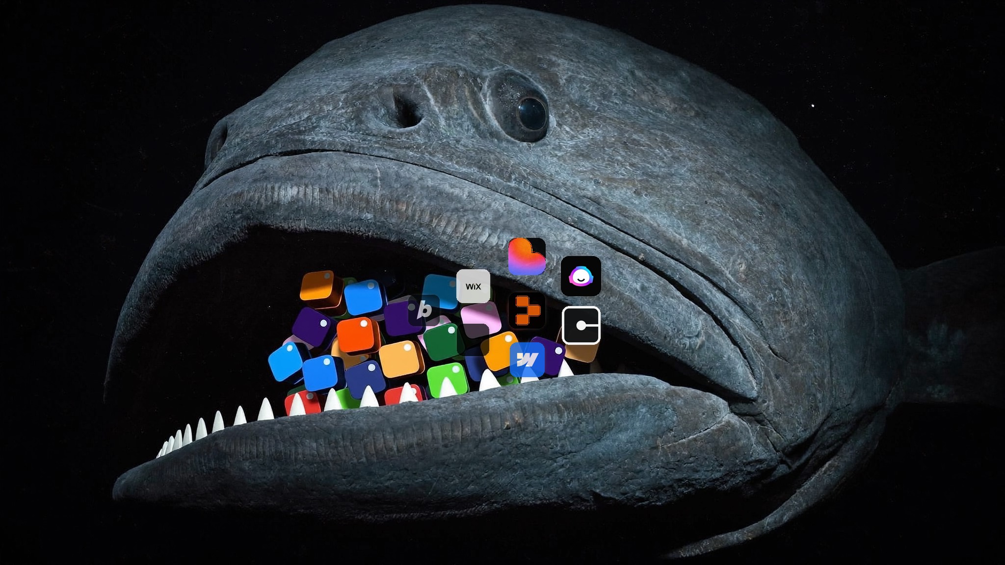 A large prehistoric fish consuming a cluster of colourful AI tool app icons in its open jaw — dark cinematic background.